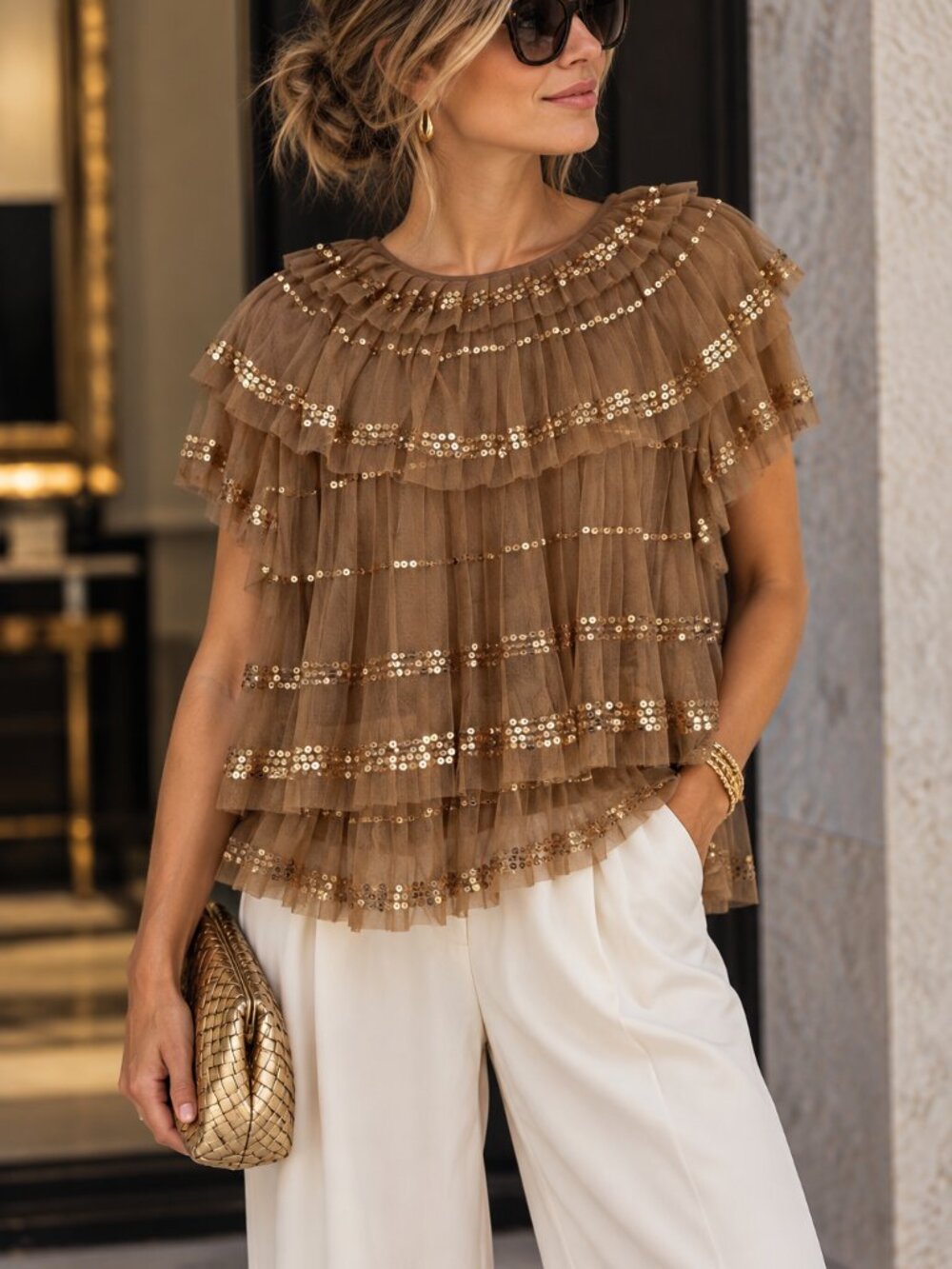 J. Crew Tiered Ruffle Tulle Gold Sequin Party Top Babydoll Antique Gold Taupe L
